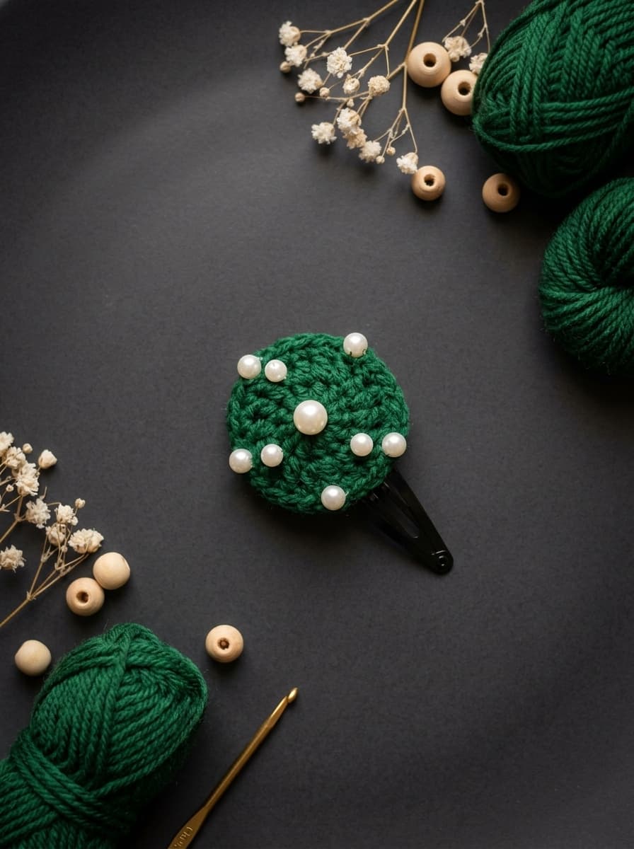 Hand-crocheted forest-green wool dome clip dotted with white pearls, styled with wooden beads and dried florals