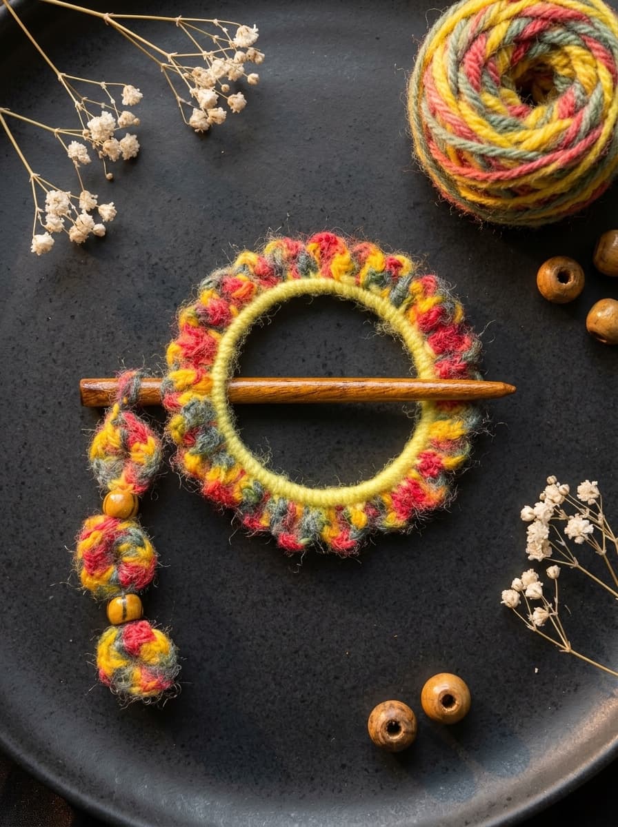 Multicolour crochet bun ring with yellow rim, polished wooden stick and dangling tassel of wool baubles and wooden beads